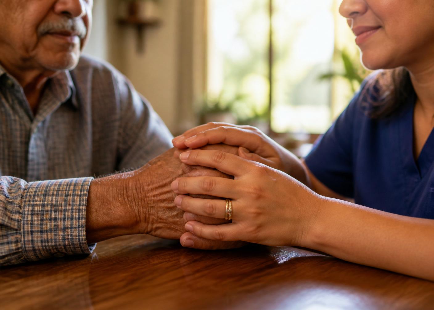 Young Hispanic caregiver holding the hands of an elderly Hispanic resident