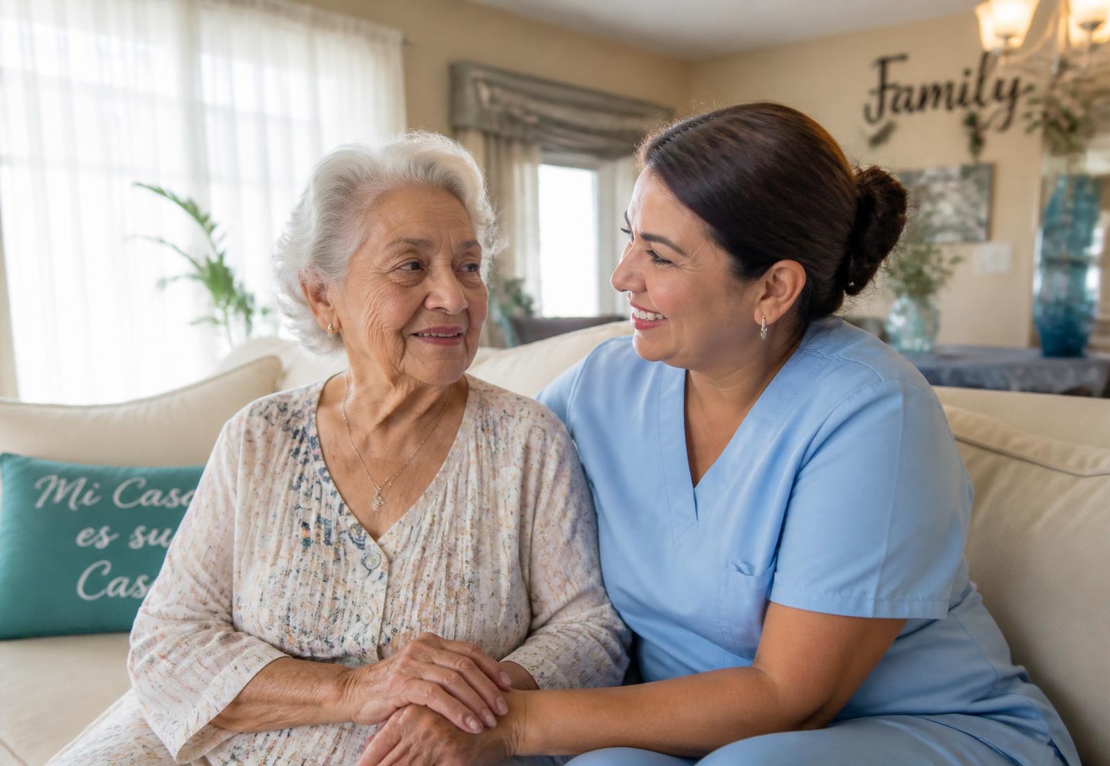 Hispanic caregiver sitting with an elderly Hispanic resident at Vida Adult Family Homes