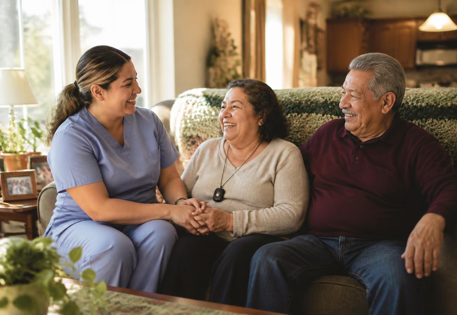 Hispanic caregiver sitting with an elderly Hispanic resident at Vida Adult Family Homes